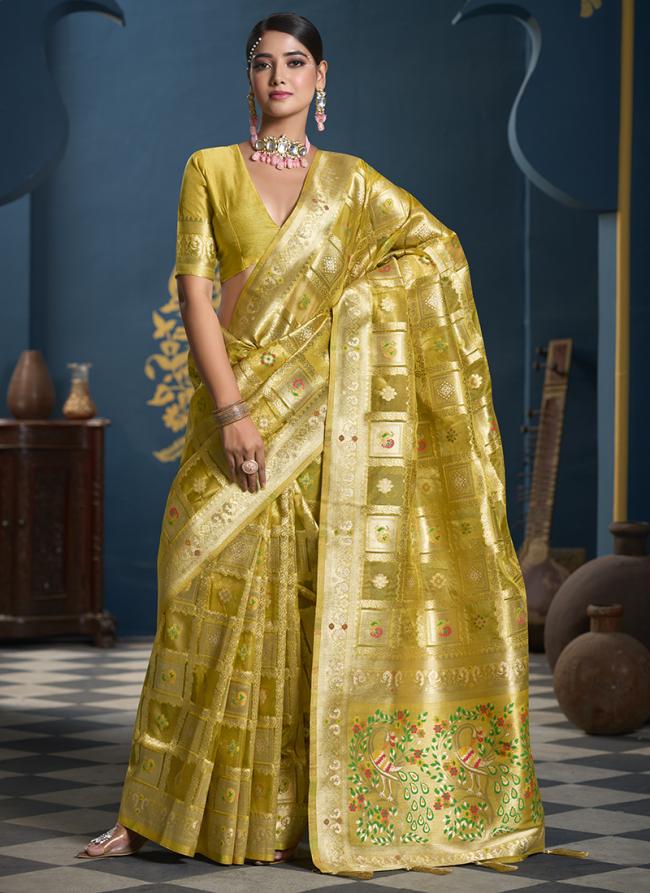 Organza Yellow Party Wear Weaving Saree